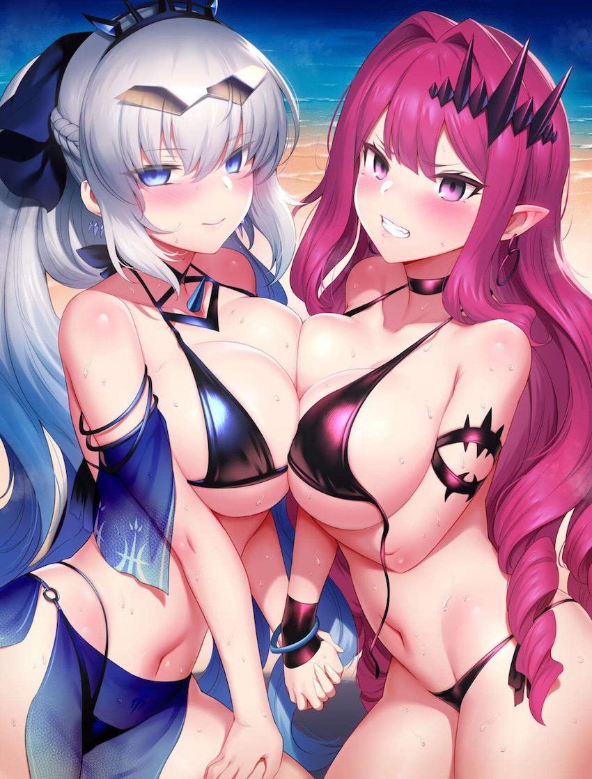 マイクロビキニのバーヴァンシーとモルガン☆贅沢W乳マンコズリコキ射精！